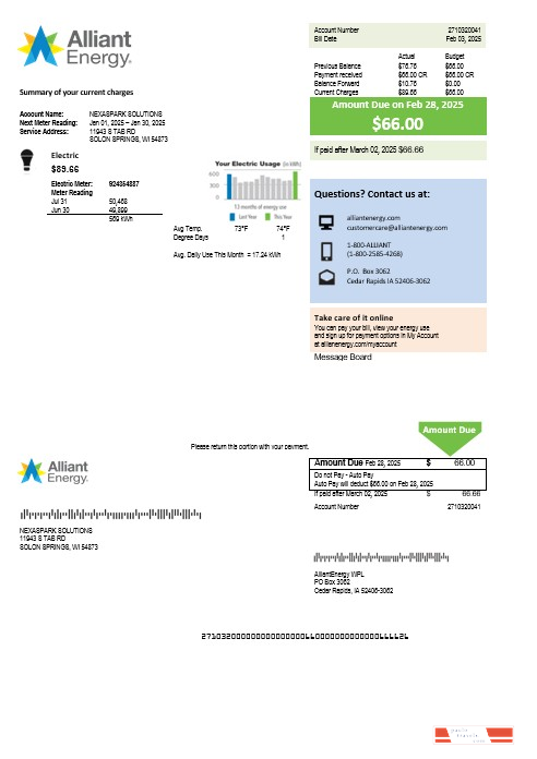 USA Wisconsin Alliant Energy electricity business utility bill template in Word and PDF formats